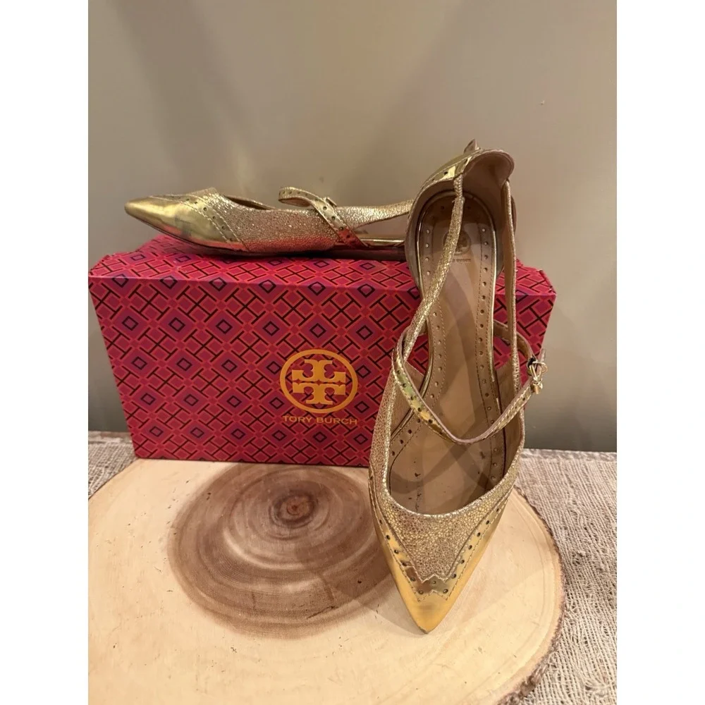 Tory Burch Bernadette 9M metallic Gold leather Mary Jane pointed-toe flats 358$ - Picture 9 of 14